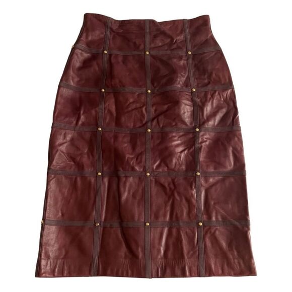 Vintage 80s-90s Escada Margaretha Ley Leather Studded Skirt Burgundy - Picture 1 of 10